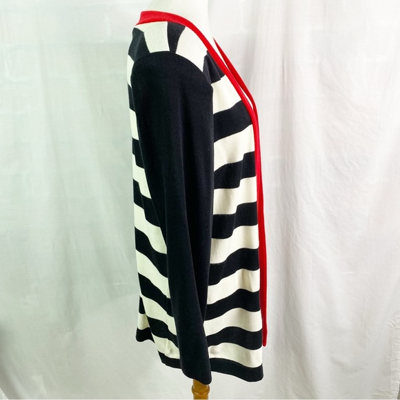 Vintage 80s Bold Black & White Stripe Open Front Cardigan Sweater Red Trim XL - Picture 2 of 4